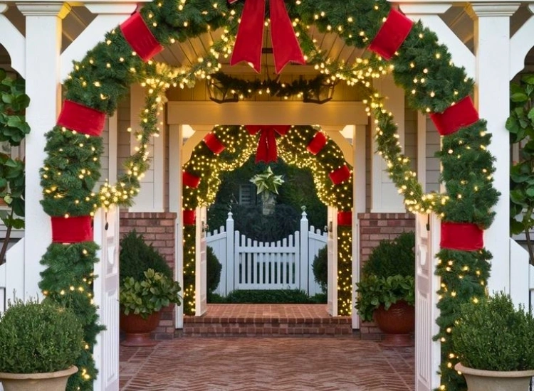 "Archway of lights at the entrance, creating a festive welcome. Christmas tree png included."