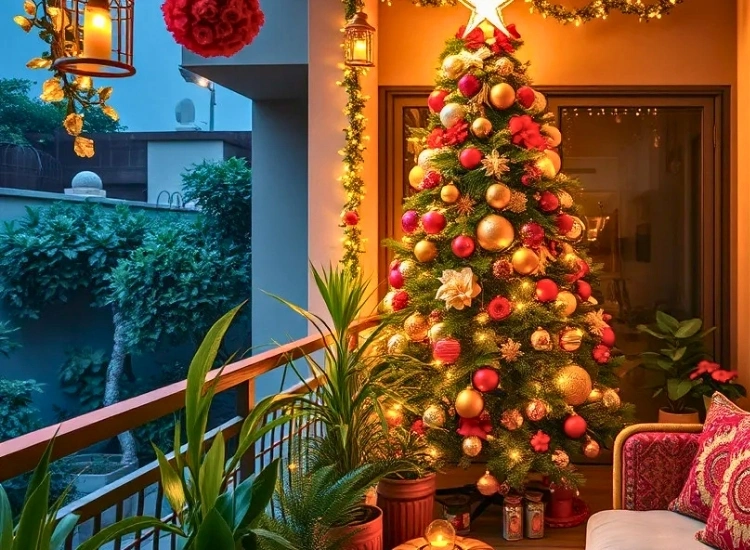 "Terrace adorned with festive decorations, perfect for holiday cheer. Christmas tree png included."