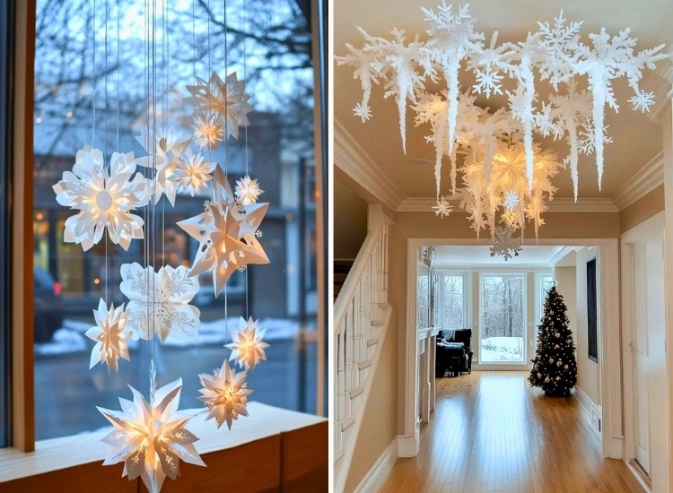 "Snowflakes crafted from white paper and glitter, adding sparkle to your decor. Christmas tree png included."