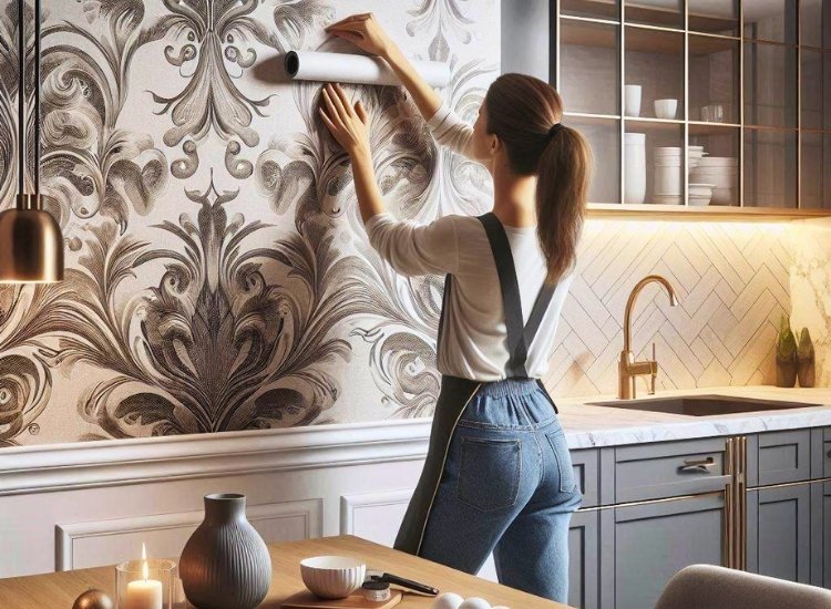 "Minimalist kitchen wallpaper with neutral tones, ideal for creating a serene and stylish kitchen ambiance."