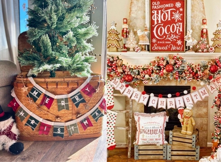 "Festive banner made with holiday-themed fabric, adding cheer to your space. Christmas tree picture included."