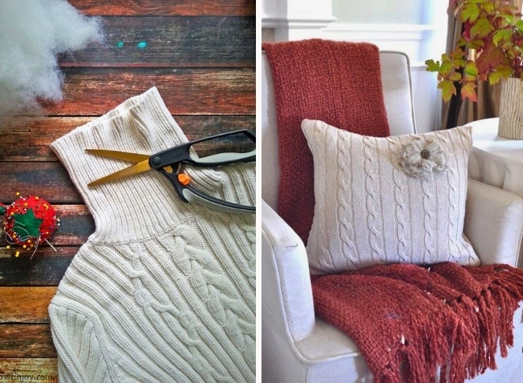 "Old sweaters upcycled into cozy pillow covers for a festive touch. Christmas tree png included."