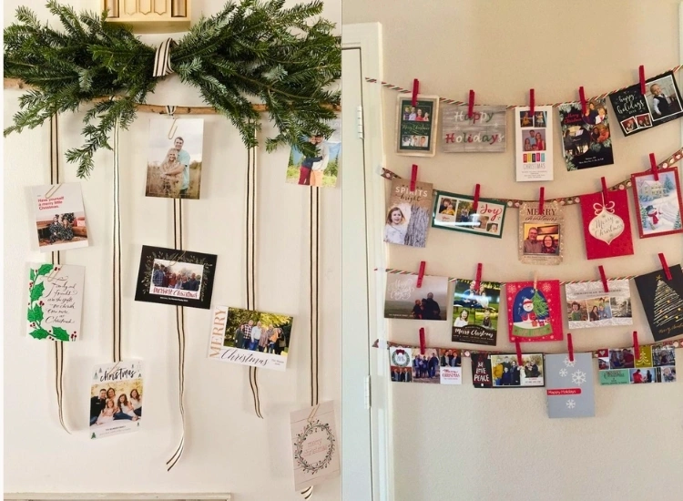 "DIY Christmas cards used as wall decor, adding a personal touch. Christmas tree drawing image included."