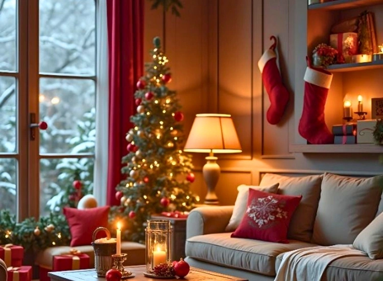 "Lanterns with candles placed in dark corners, adding cozy holiday ambiance. Christmas tree png included."