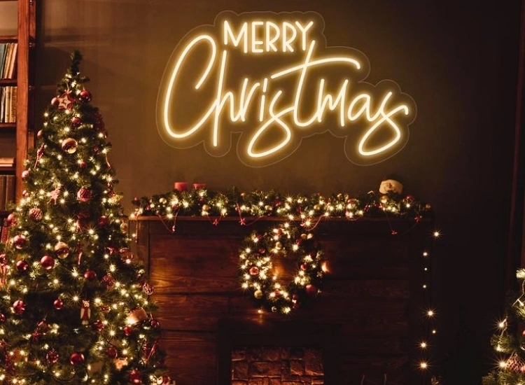 "Neon holiday signs for a modern, vibrant touch to your decor. Christmas tree png included."