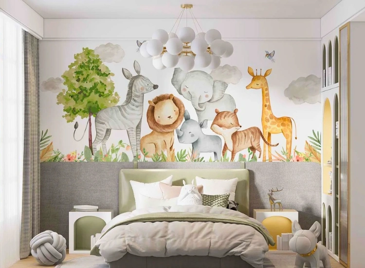 "Bring the wild indoors with adorable animal kingdom bedroom wallpaper designs featuring safari themes for playful decor."