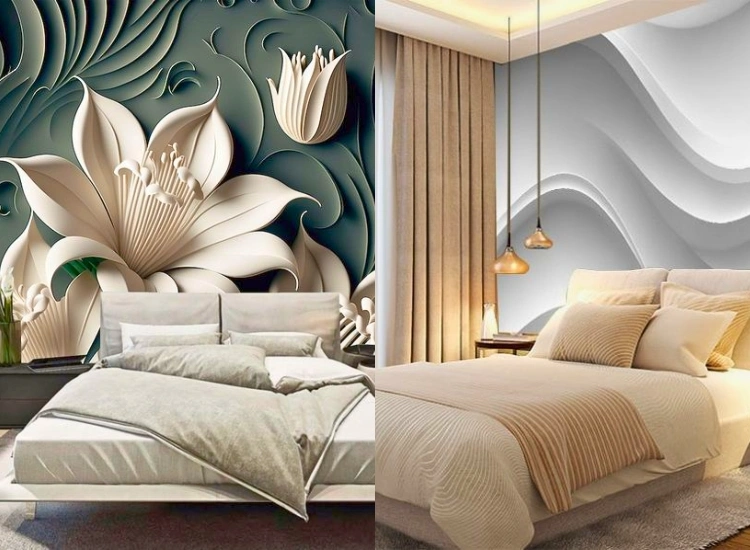 "Enhance your space with 3D and textured bedroom wallpaper designs for a dynamic, sophisticated bedroom wallpaper decor."