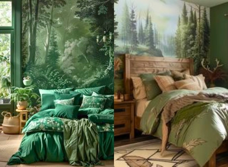 "Bring tranquility with botanical garden bedroom wallpaper designs, featuring lush greenery for a peaceful bedroom decor."