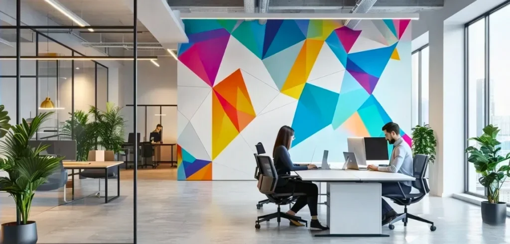 Modern office wallpaper design featuring sleek patterns, ideal wallpaper for office wall to enhance workspace style.