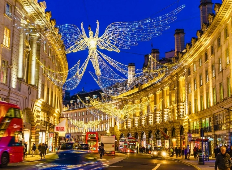 "Experience the holiday spectacle of Christmas light displays on Oxford Street, showcasing stunning Christmas lighting in London."