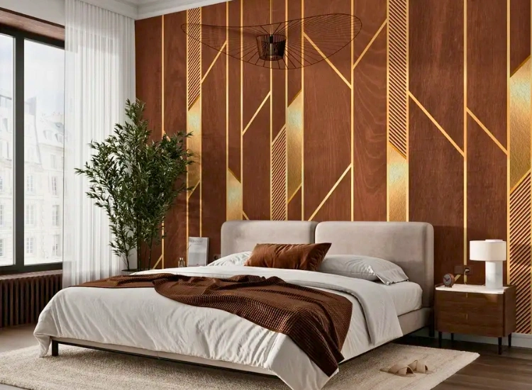 "Create a natural retreat with earthy wood-inspired finishes in bedroom wallpaper designs for a cozy, organic bedroom decor."