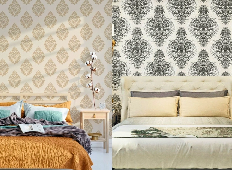 "Add elegant damask patterns in bedroom wallpaper designs for timeless luxury and sophisticated bedroom wallpaper decor."