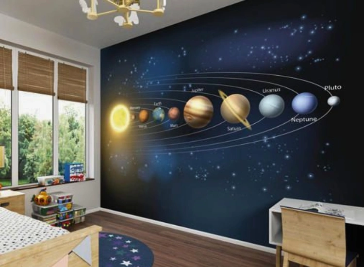 "Explore galactic wonderlands with space and planet-themed bedroom wallpaper designs for a cosmic, adventurous decor."