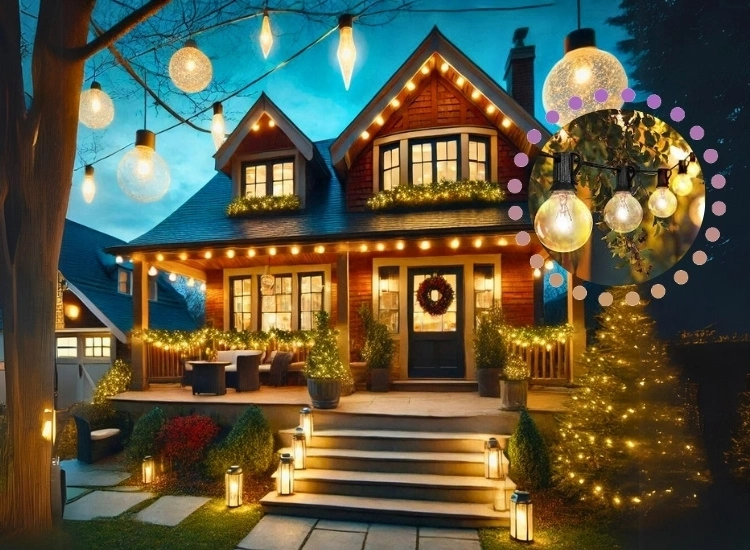 "Add a chic and modern touch to your christmas lighting for home with globe ball lights, creating a stylish and festive glow for your home."