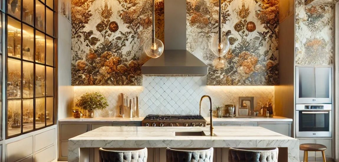 "Durable and stylish kitchen wallpaper that adds character and charm, lasting up to 15 years with proper maintenance and care."