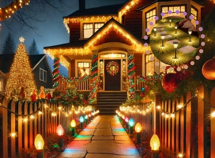 "Illuminate your pathways and patios with festive lights, creating a welcoming and magical outdoor space for your Christmas decorations."