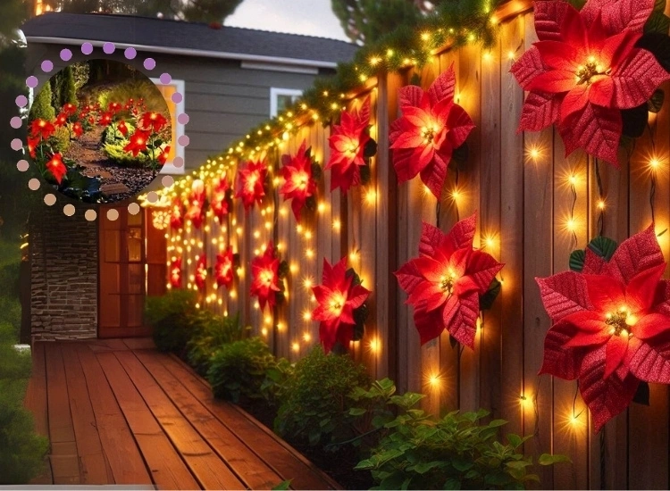 "Add floral charm to your Christmas light decoration with poinsettia fairy lights, bringing a vibrant and festive touch to your holiday lighting."