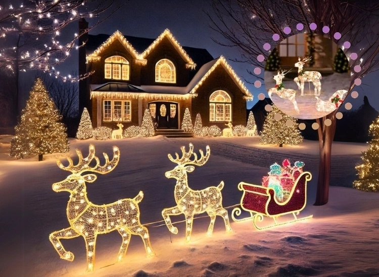 "Create a classic yard centerpiece with reindeer and sleigh light displays, adding a festive and enchanting touch to your outdoor Christmas lights."