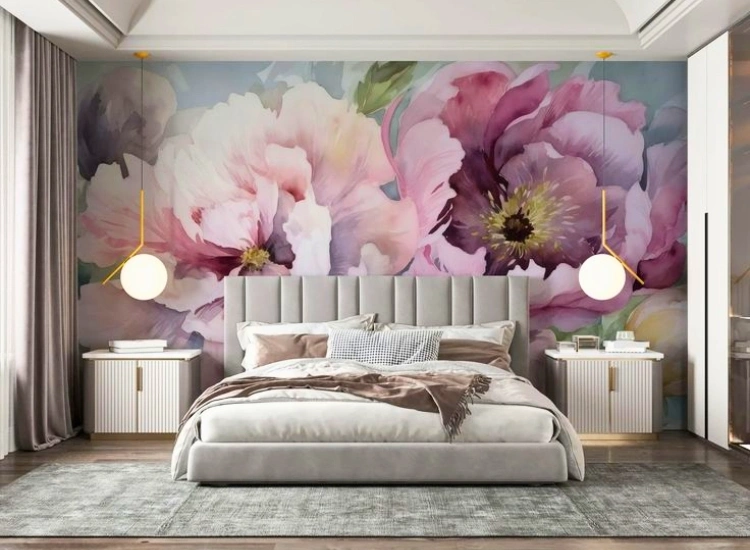 "Add soft pastel watercolor blooms in bedroom wallpaper designs for a subtle, inviting atmosphere and cozy decor."