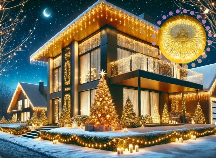 "Brighten your rooflines with string lights, adding a beautiful glow to your home’s silhouette for stunning Christmas lighting decorations."