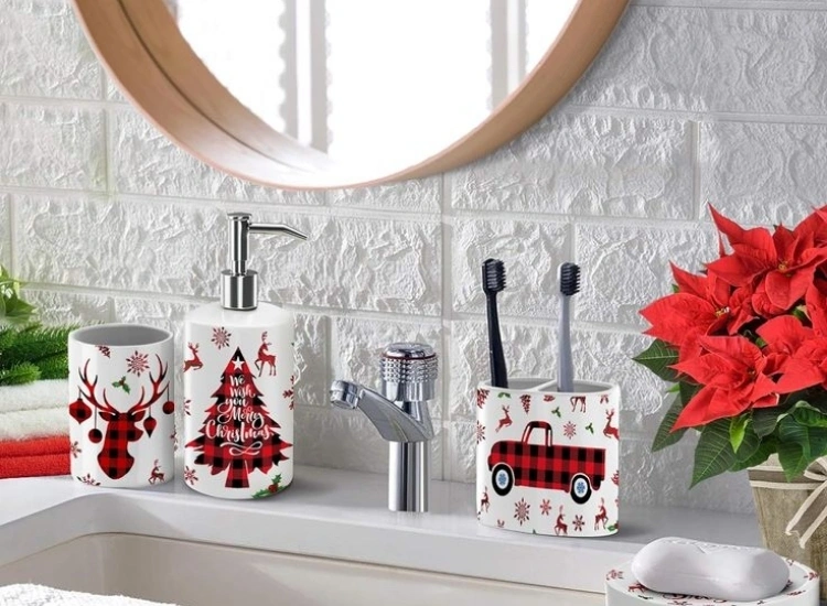 "Red and green toothbrush holders add a festive touch to the bathroom. christmas tree png completes the holiday decor."