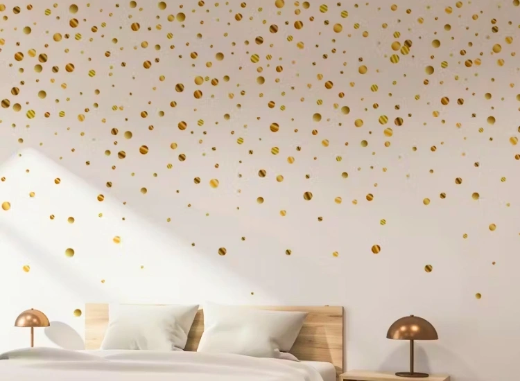 "Add whimsical polka dots in bedroom wallpaper designs for a playful yet sophisticated bedroom wallpaper decor."