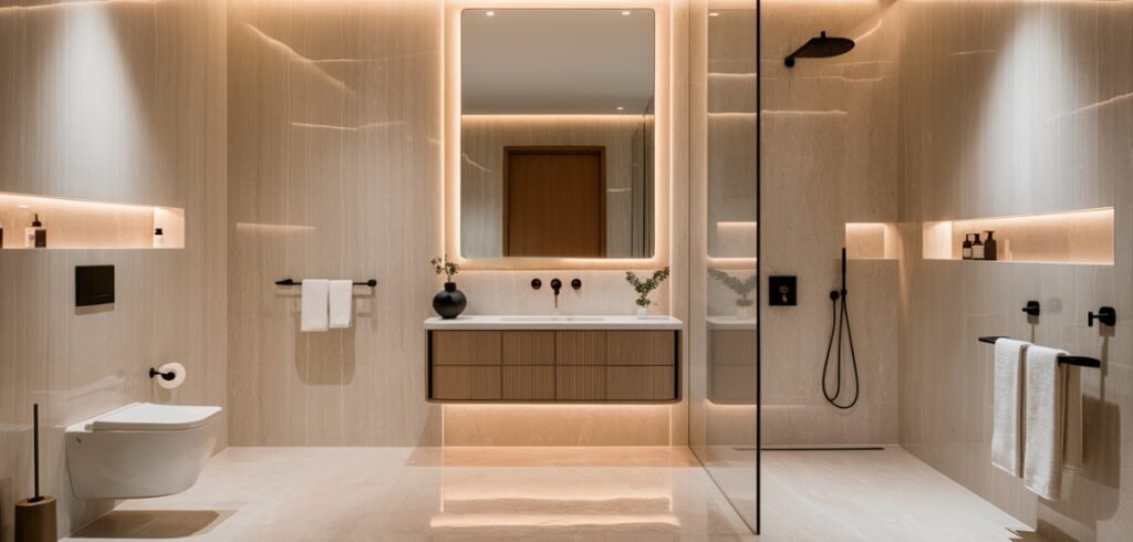 Modern bathroom featuring elegant design ideas with sleek fixtures, stylish tiles, and soft lighting for a chic and functional space.