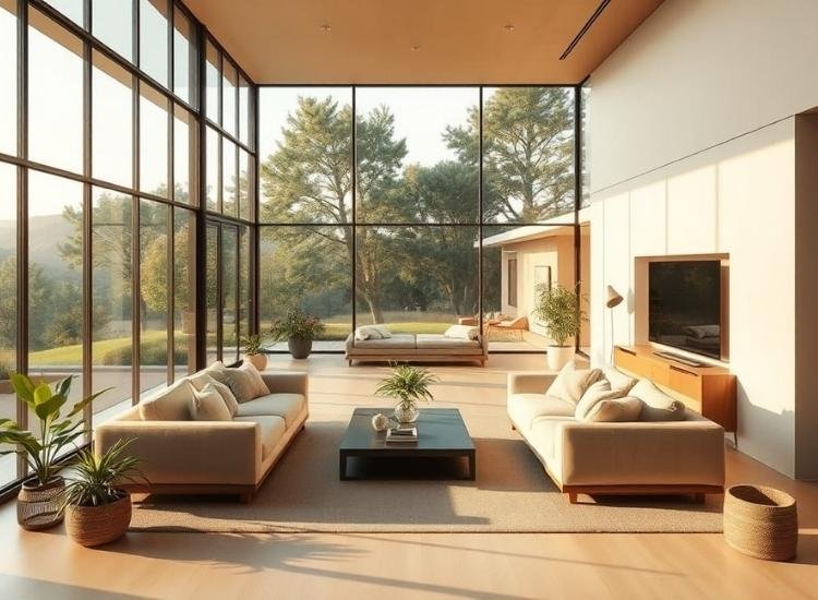 44. Glass wall cladding for double height living room