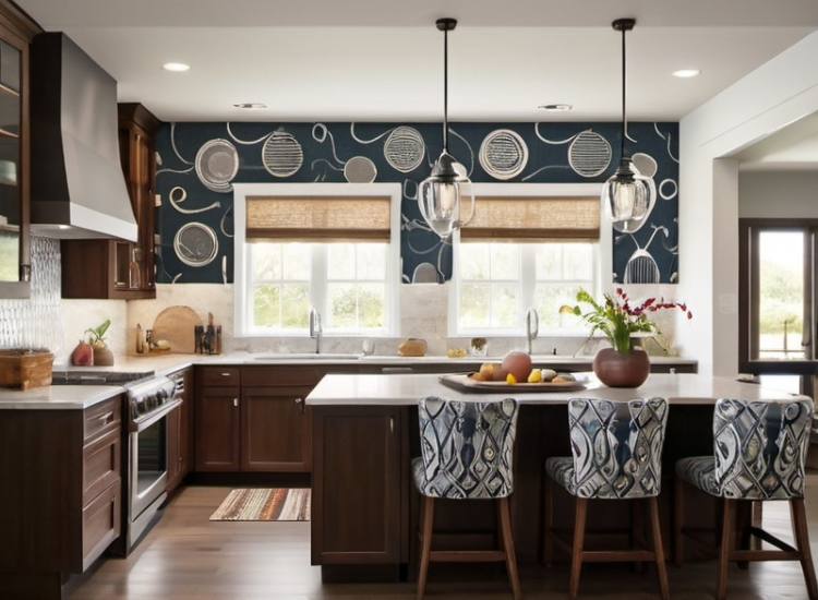 Elegant kitchen featuring hanging pendant lights, a patterned wall matching the dining chairs, and a sophisticated design that ties the space together.