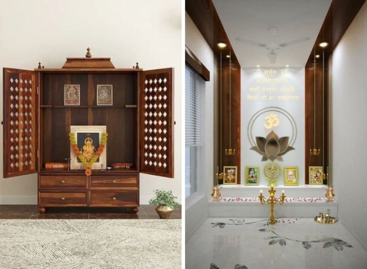 Modern & wooden traditional Pooja room unit back panel design featuring elegance and suitability. Crafted to blend seamlessly with contemporary aesthetics while honoring ancient traditions