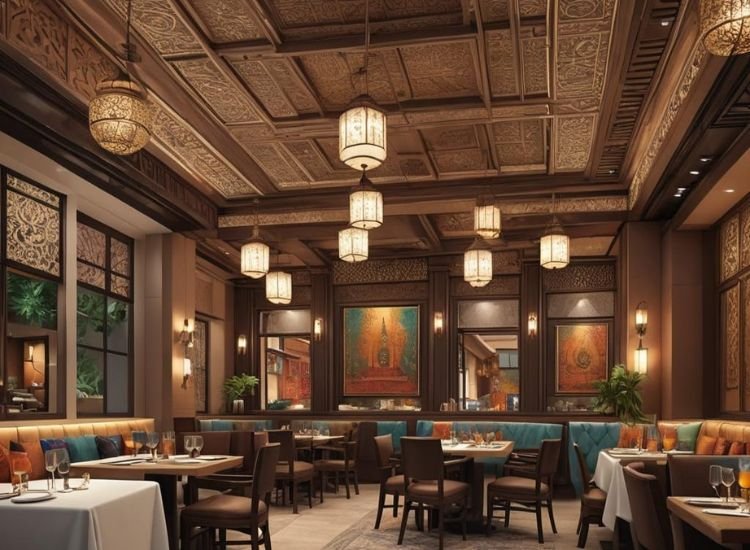 11. Elegant restaurant setup with chandeliers and wall sconces