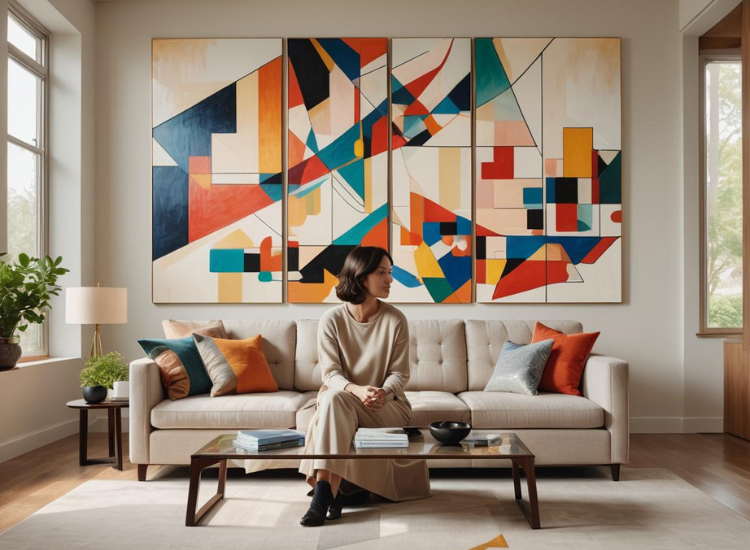 A captivating piece of art with diverse patterns and colors creates a focal point in the room, enhanced by ample natural lighting for a striking effect.