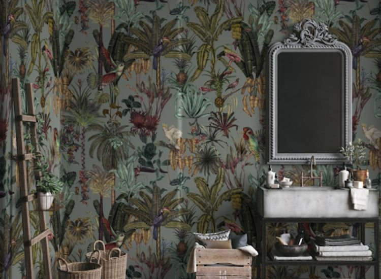 Tropical themed non-woven wallpaper for bathroom.