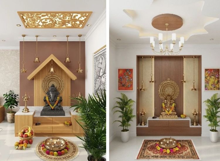 Two modern wooden pooja room back panel ideas beautifully crafted to match room ambiance, enhanced with elegant lighting.