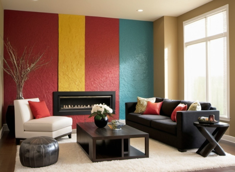 Red, yellow, and blue textured wall highlights the room's emphasis, bathed in ample natural daylight, with contrasting colored sofas adding vibrancy.