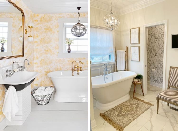 Light colored wallpaper for bathroom walls.