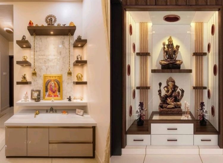 Two distinct pooja units, each adorned with stylish laminate panels. One features a sleek modern design, while the other has a warm, elegant look, both enhancing the sacred space beautifully.