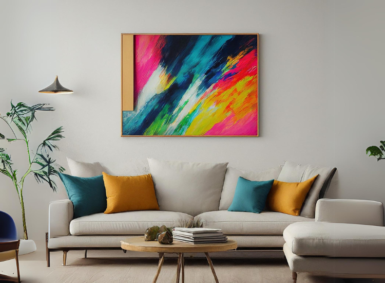 A vibrant piece of art with colors matching the sofa cushions contrasts with the wall and sofa colors, creating a striking emphasis in the room.