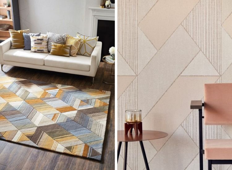 diagonal pattern rug and diagonal shaped lines on the wallpaper with a sofa and design elements enhancing the look of the room.