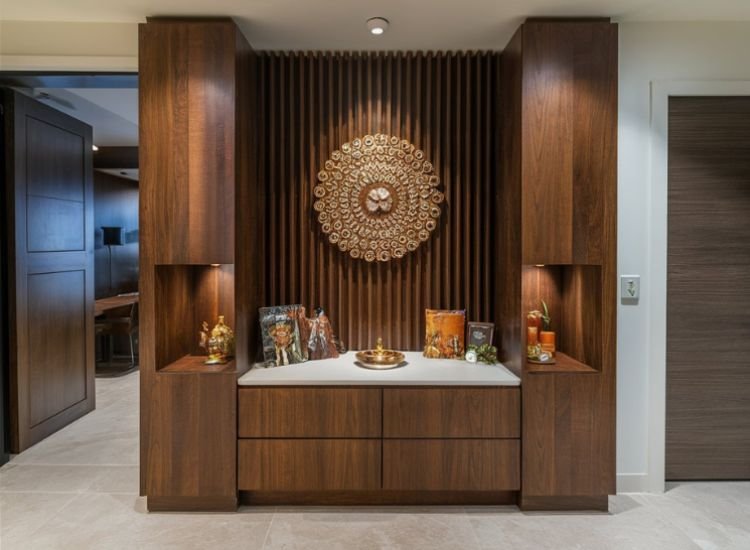 Veneer-incorporated wooden pooja unit design in living room, complemented by proper lighting, blending tradition with modern aesthetics.Veneer-incorporated wooden pooja unit design in living room, complemented by proper lighting, blending tradition with modern aesthetics.