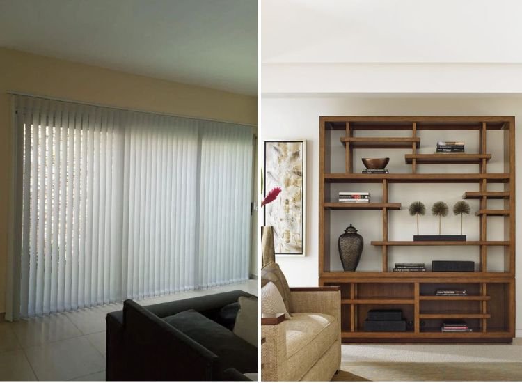 vertical shaped curtains of the window and elegantly shaped furniture with horizontal and vertical wooden lines.