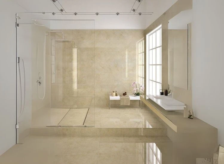 15. Crema marfil marble bathroom design Beige botticino marble flooring creating stunning appeal in the living room.