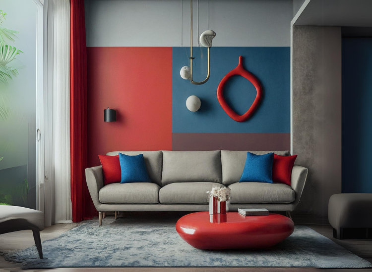 Red and blue walls with matching cushions, a shiny red table, and a predominantly grey room create a bold contrast and vibrant focal points.