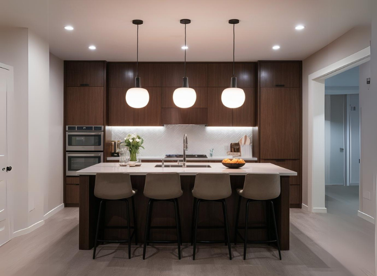 16. Modern kitchen with three hanging bulbs