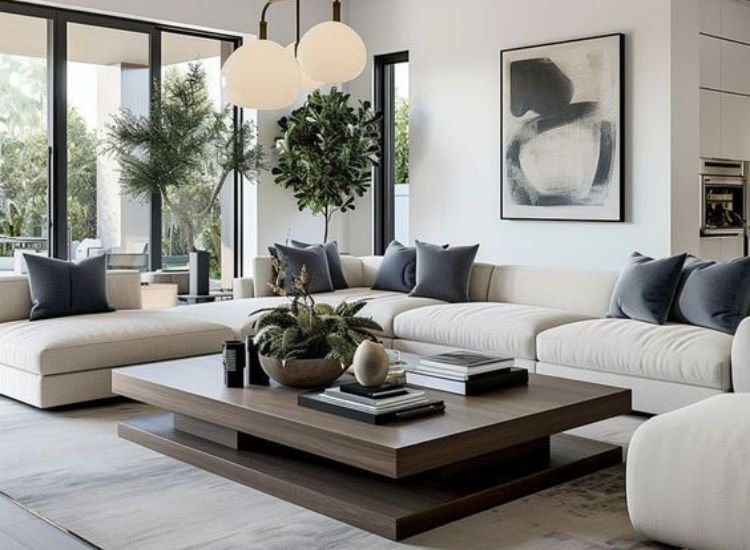 An elegant living room designed with geometric forms and enough daylight, creating a inviting and calm atmosphere