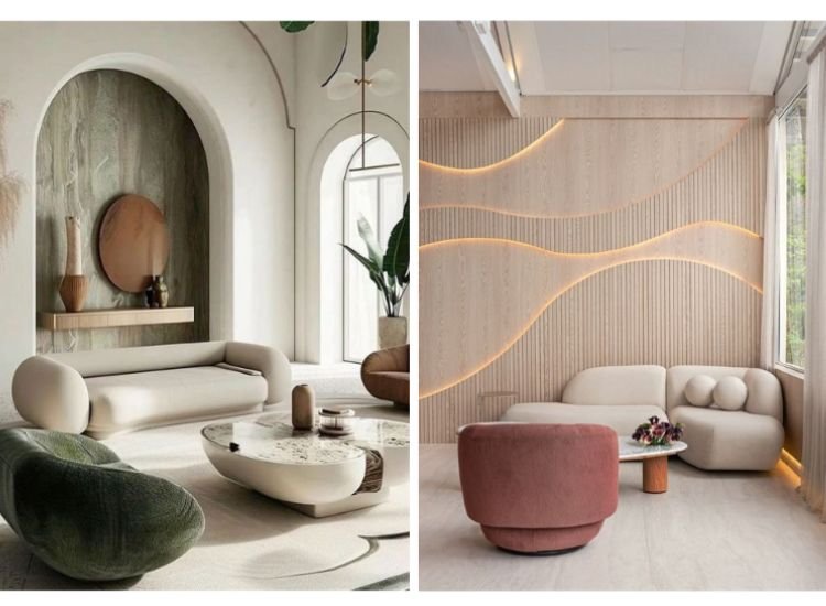 elegant living room designed with organic forms, circular shaped sofa, chair and table with beautifully lit wall and the curves form on it.