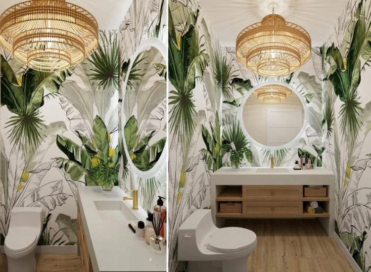17. Tropical print bathroom wallpaper giving boho vibes Tropical print bathroom wallpaper giving boho vibes.