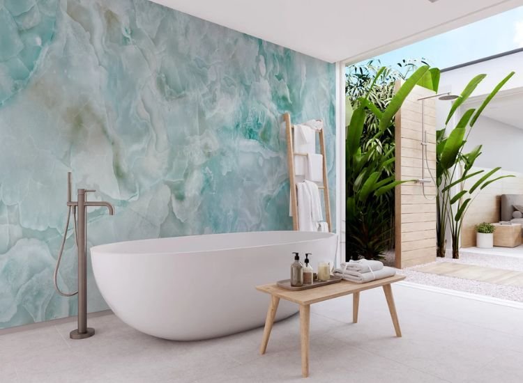 Calm soothing marble tone bathroom wallpaper.