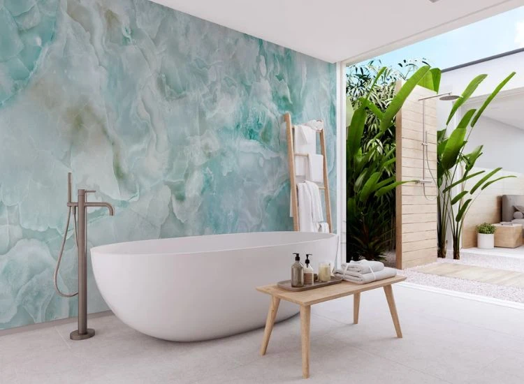 18. Calm soothing marble tone bathroom wallpaper Calm soothing marble tone bathroom wallpaper.