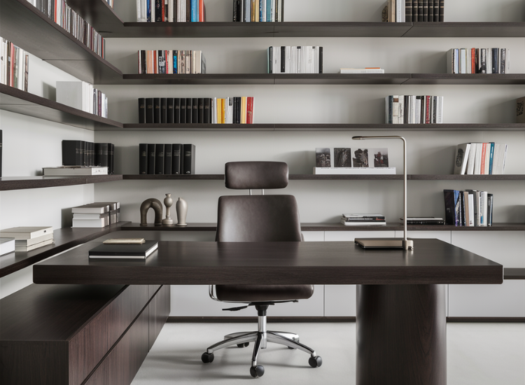 Sleek office workspace with a modern wooden table, complemented by a bookshelf and books, creating a well-balanced and proportionate setup.